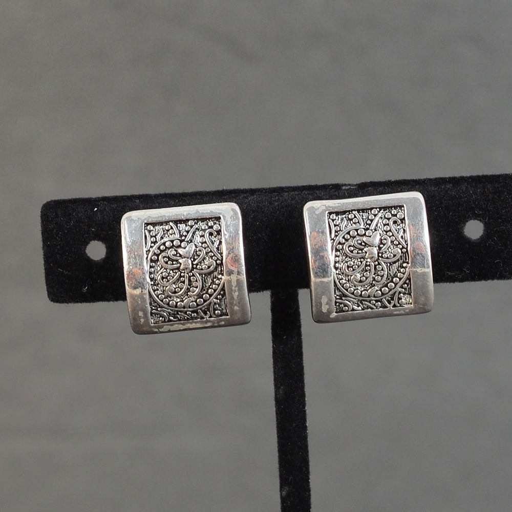 Monet Vintage Silver Tone Square Embossed Floral Scrollwork Clip On Earrings